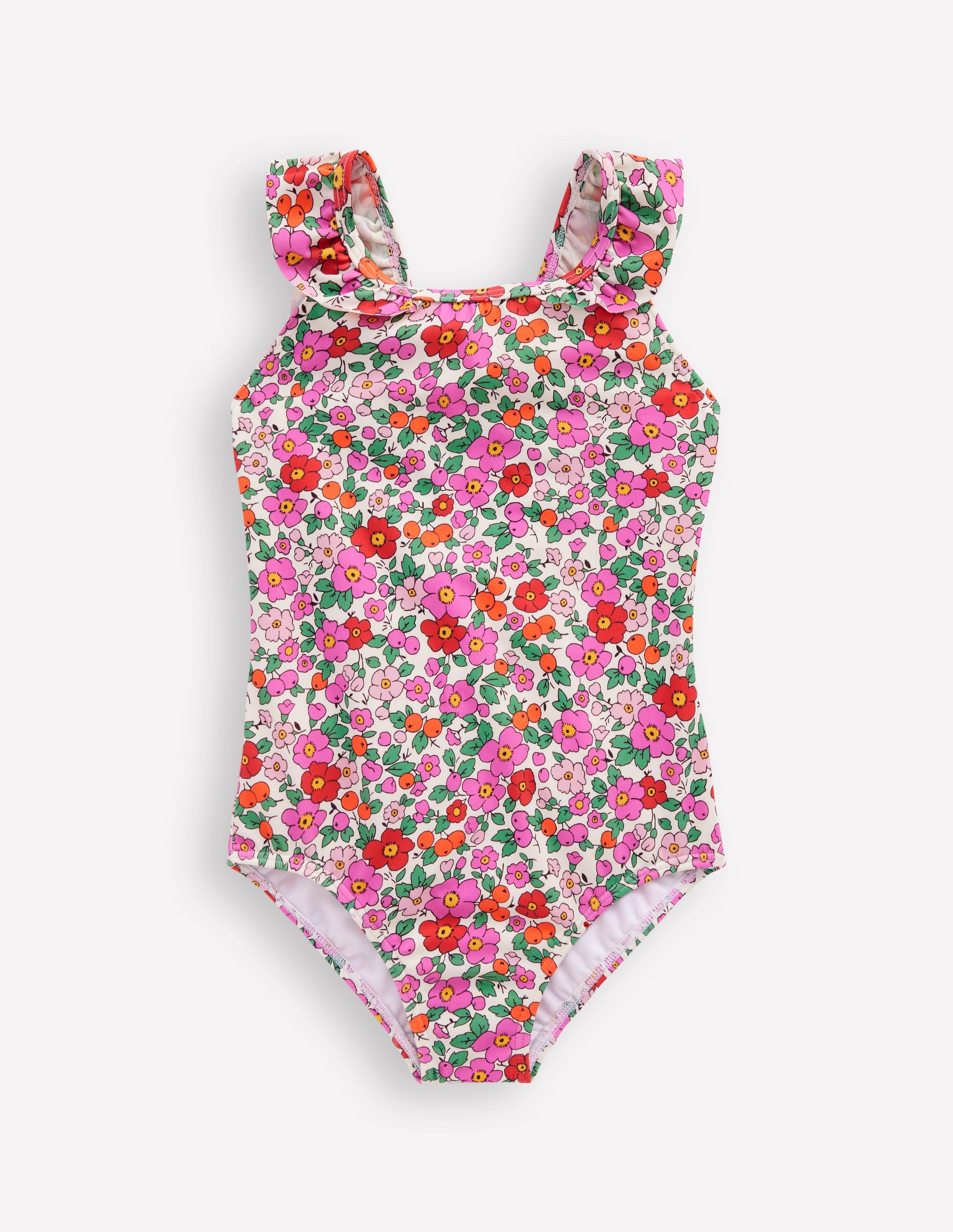BODEN Hallie Frill Strap Swimsuit Bubblegum Pink Heart Stamp