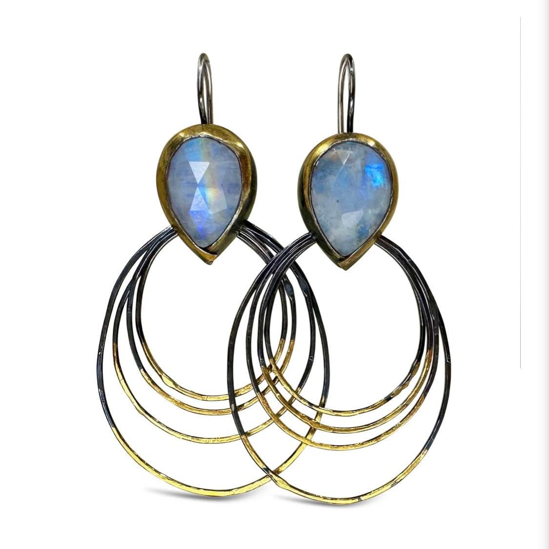 AUSTIN TITUS 24k Gold Accented Rainbow Moonstone Ripple Rim Hoop Earrings
