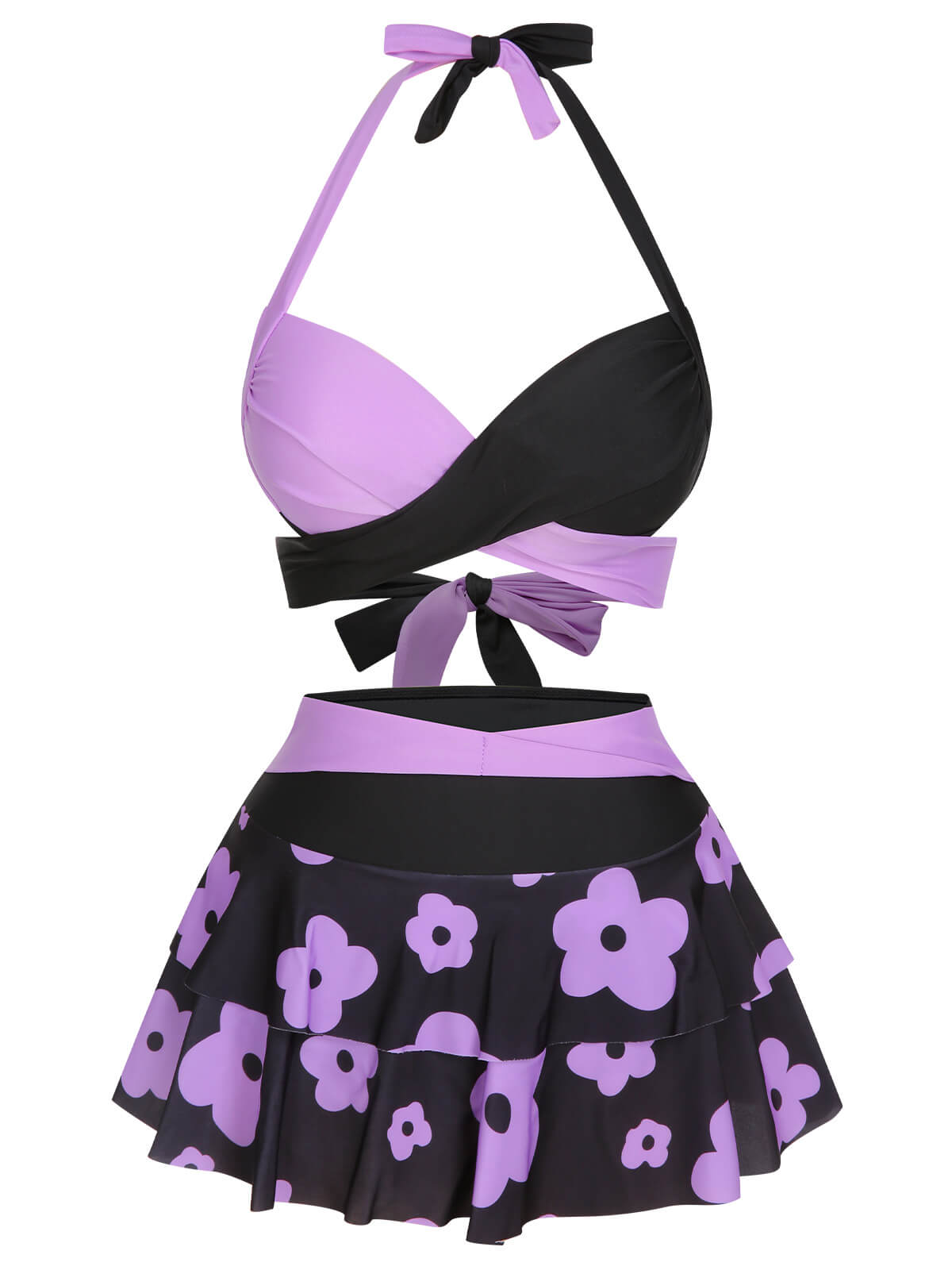 RETRO STAGE [US Warehouse] 1970s Color Block Floral Halter Swimsuit