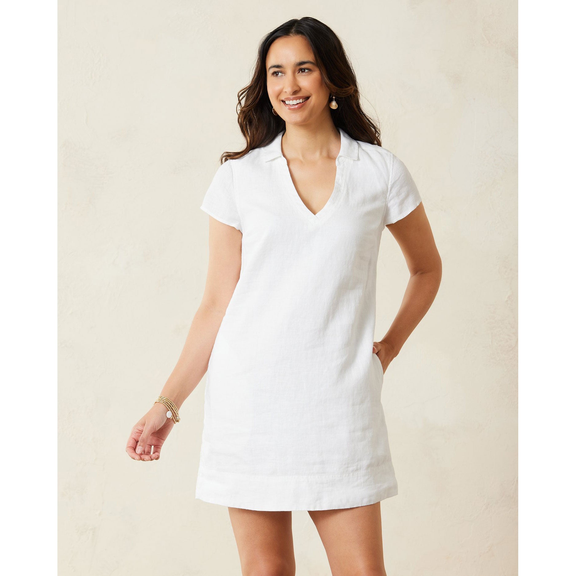 TOMMY BAHAMA WOMENS Tommy Bahama Women's Two Palms Short Sleeve Collared Linen Dress   White