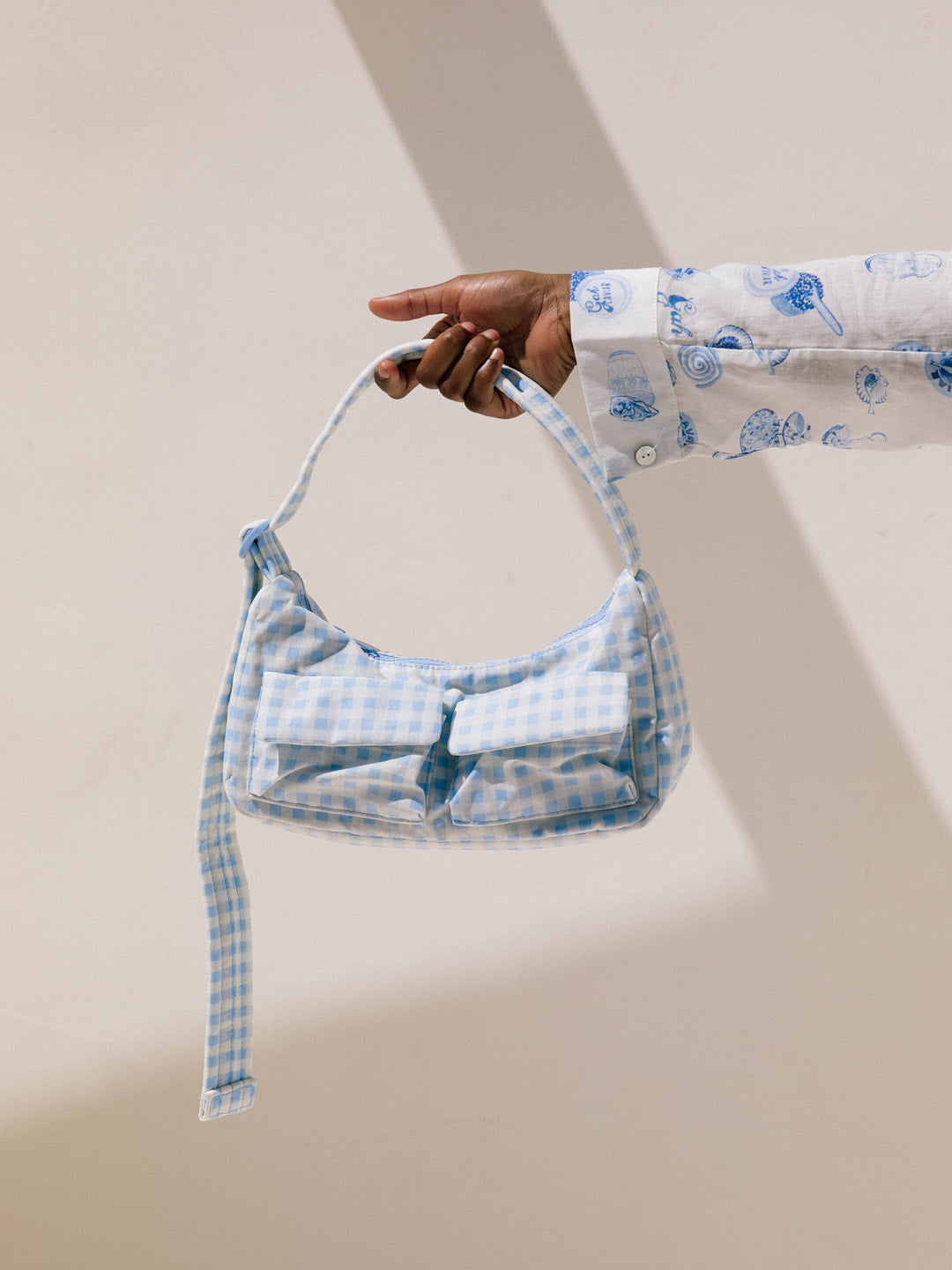 BAGGU Cargo Shoulder Bag   Light Blue Gingham