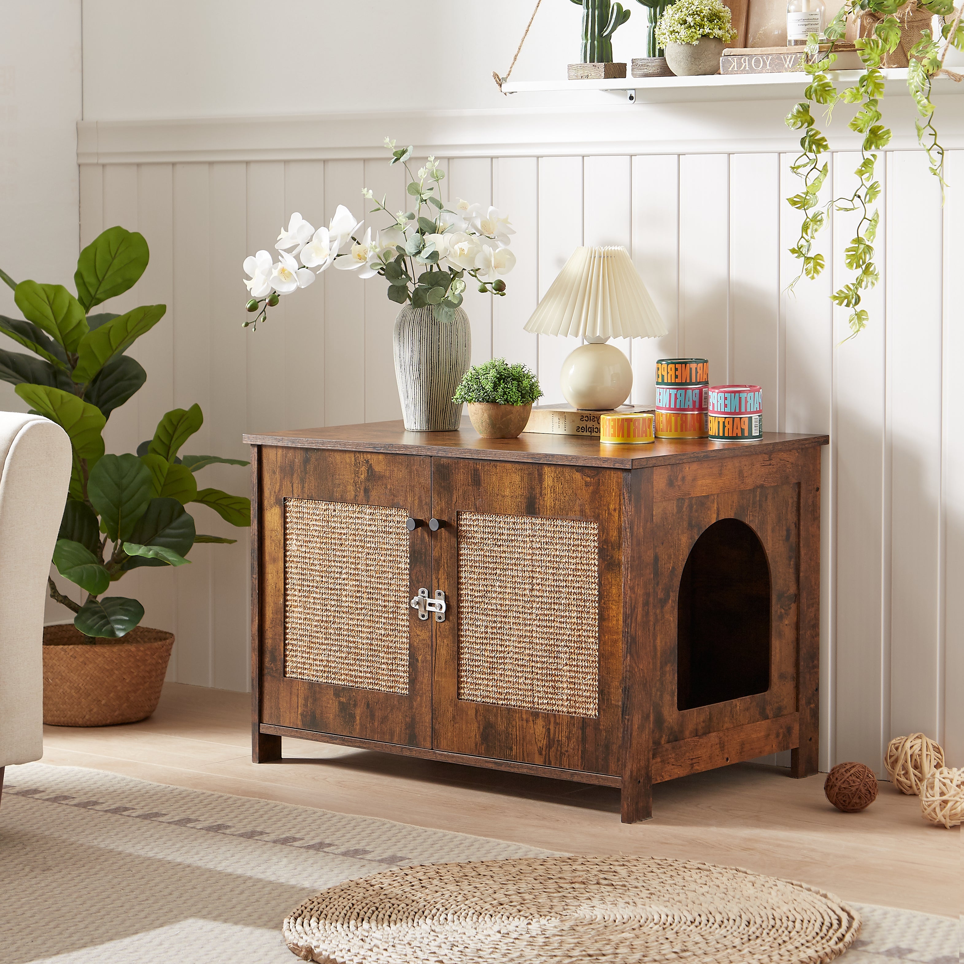 WHITE HERMES Cat litter box enclosure house with cat scratching post Cat home Living Room Decoration for Cats
