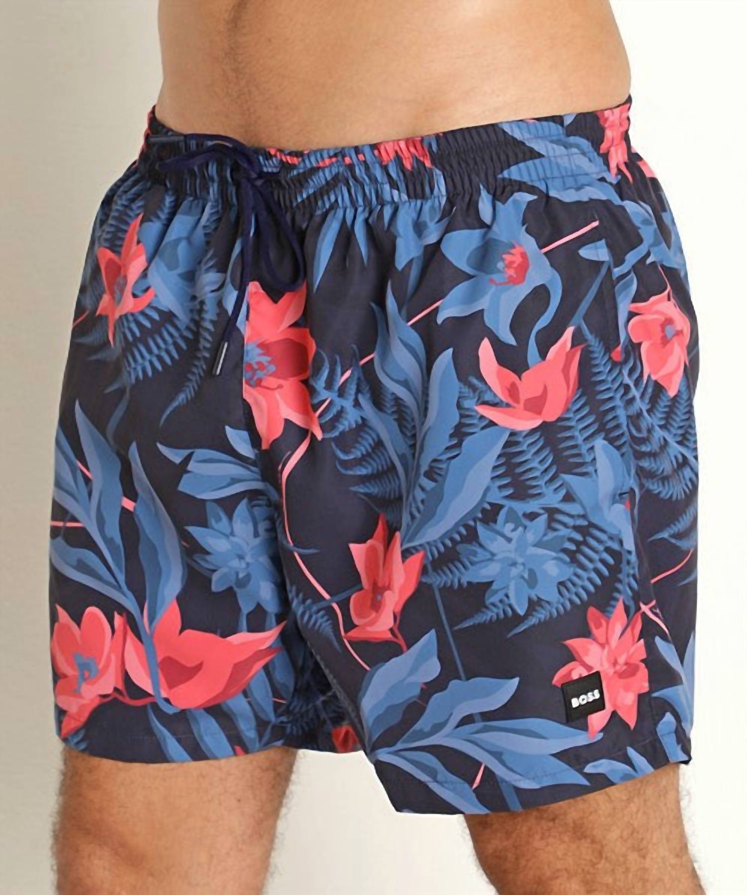 2244 Men's Standard Piranha Tropical Print Swim Trunks In Navy