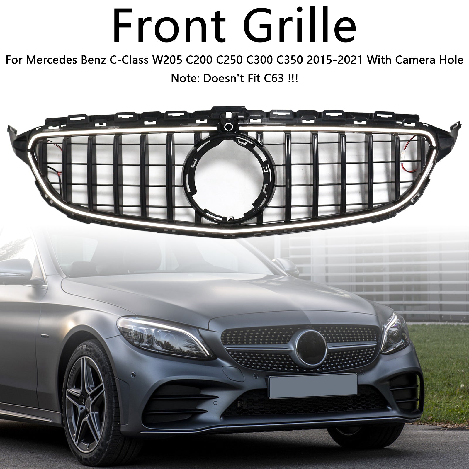 VIPIH Black Front Bumper Grill Grille Fit Mercedes W205 C250 C300 2015 2021 W/LED