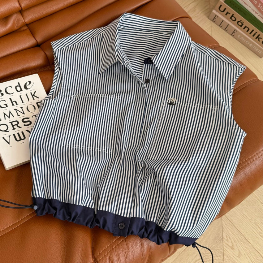 CHANEL CLOTHING CC 25 Striped Shirt Navy Blue White Cotton
