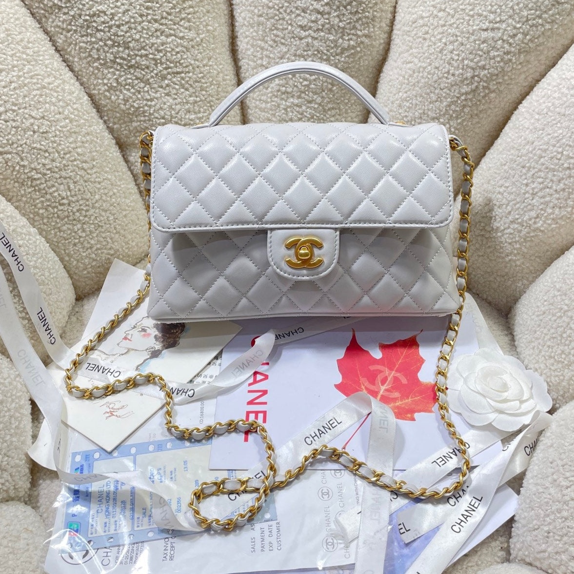 CHANEL BAG CC 25P Medium Flap Bag 25cm Top Handle Grey Calfskin Gold Hardware