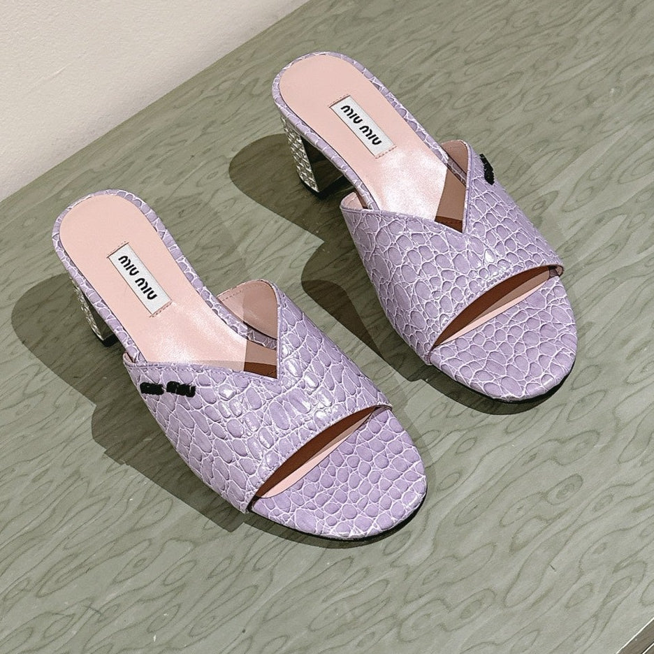 MIUMIU SHOES JEWELLED HEEL 55 MULE SANDALS IN PASTEL PURPLE CALFSKIN