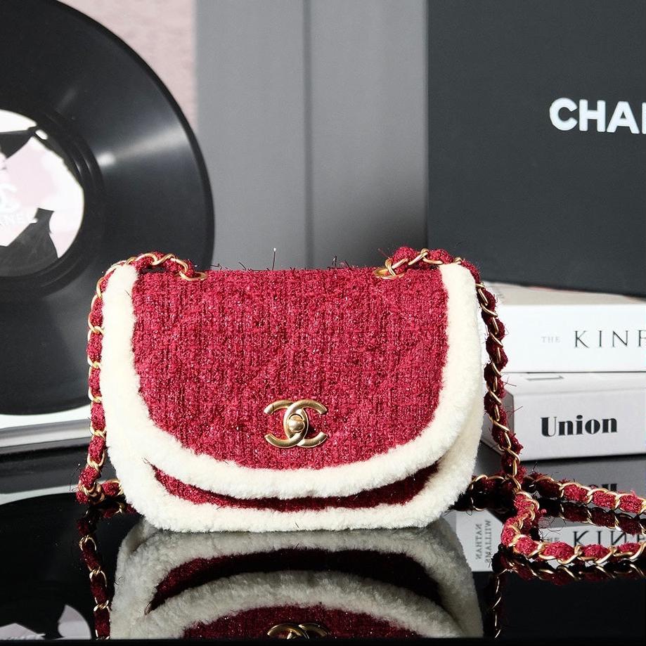 CHANEL BAG CC 24N Flap Bag 20cm Red Beige Tweed Sherling