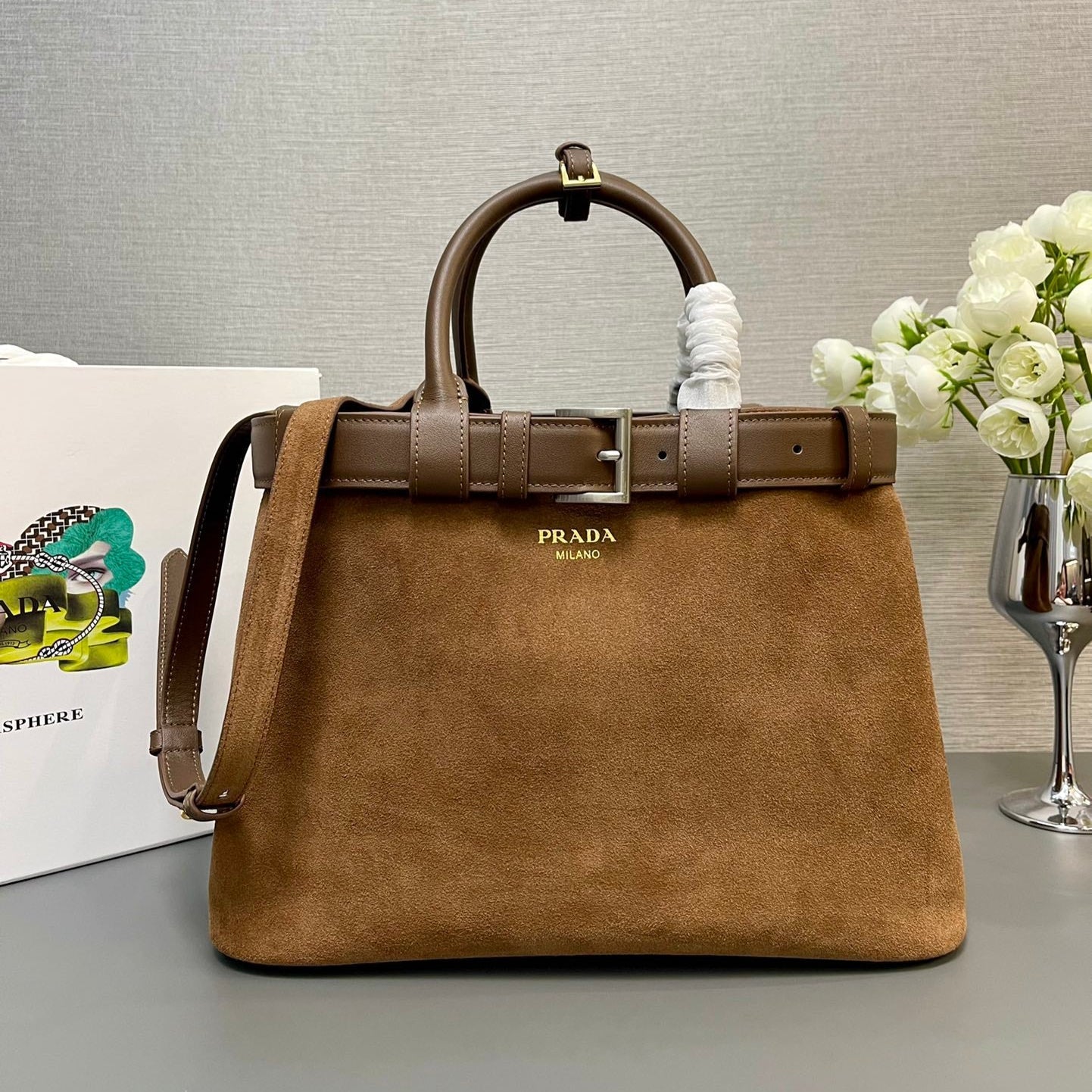 PRADA BAG MEDIUM TOTE BAG WITH BELT 35 IN RUSSET BROWN SUEDE