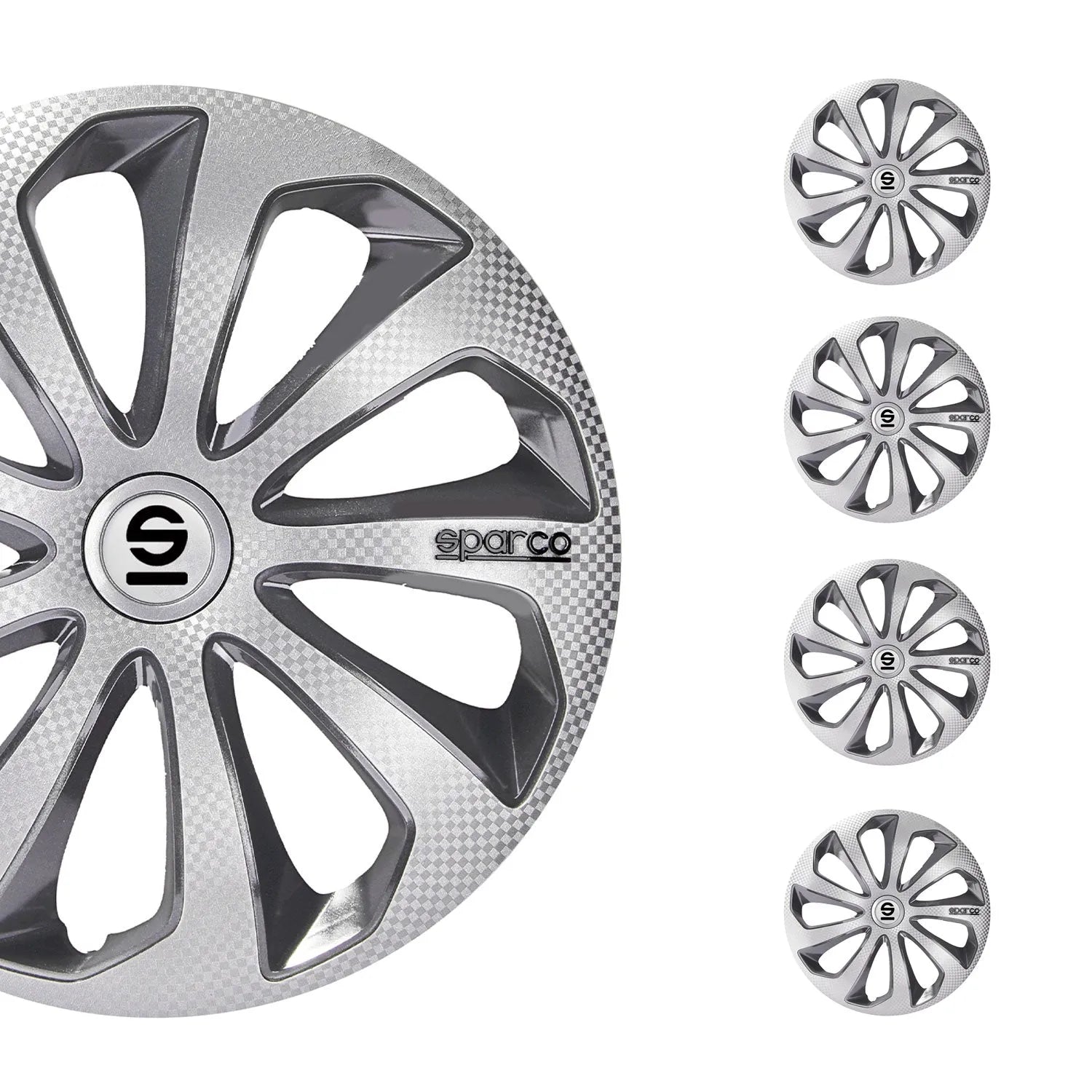 SPARCO Sicilia Hub Caps Wheel Cover 15" Silver Carbon & Grey Full Set 4 pcs.