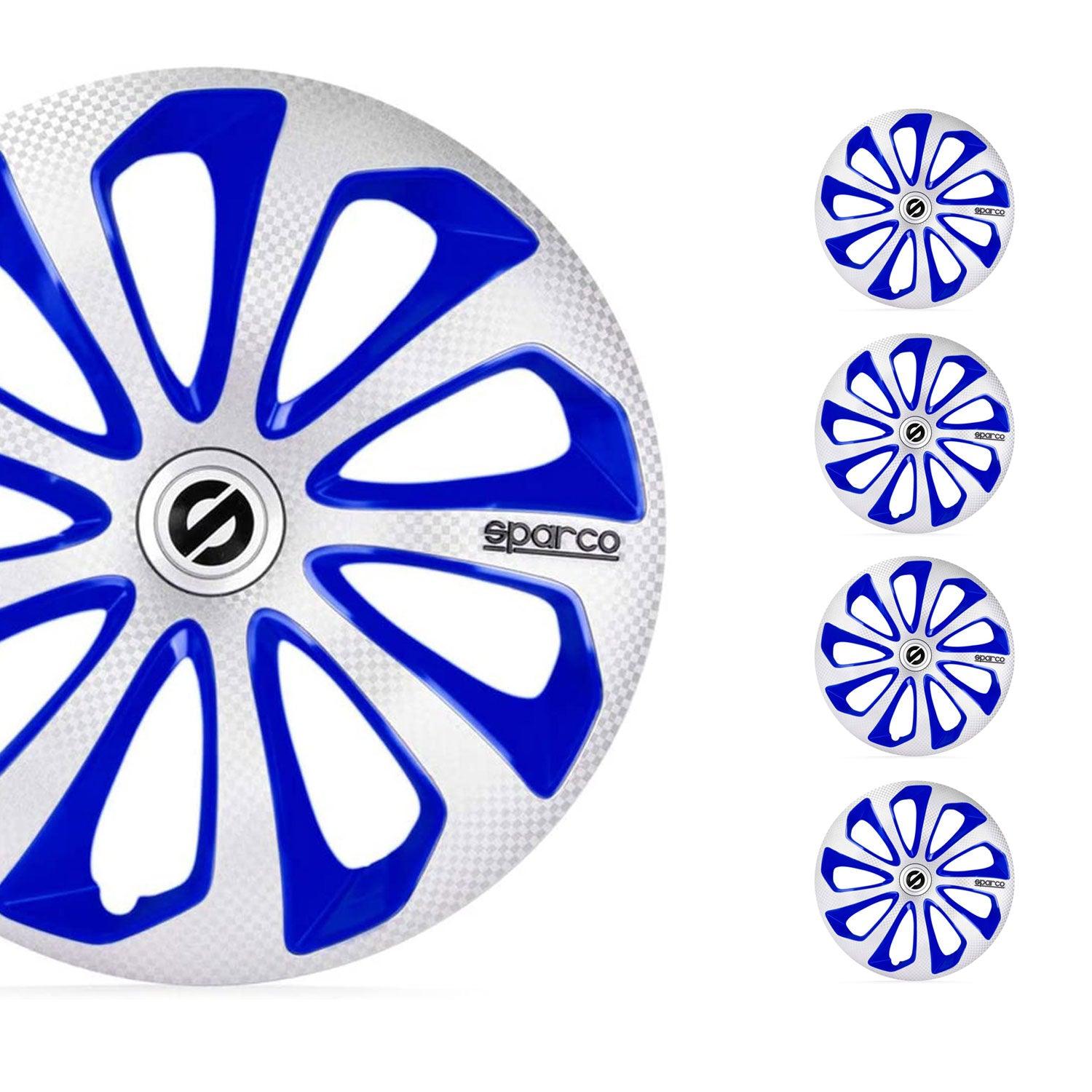 SPARCO Sicilia Hub Caps Wheel Cover 14" Silver & Blue Carbon Full Set 4 pcs.