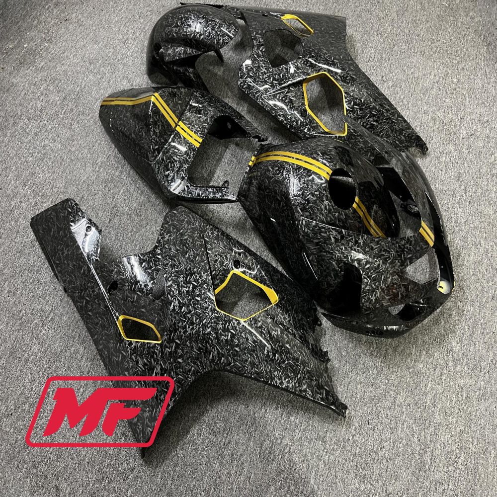 Monster Fairings Full Kit Suzuki GSXR600 750 04 05 Forged Carbon Fiber Style w/ Gold + Windshield + Gas Tank Cover