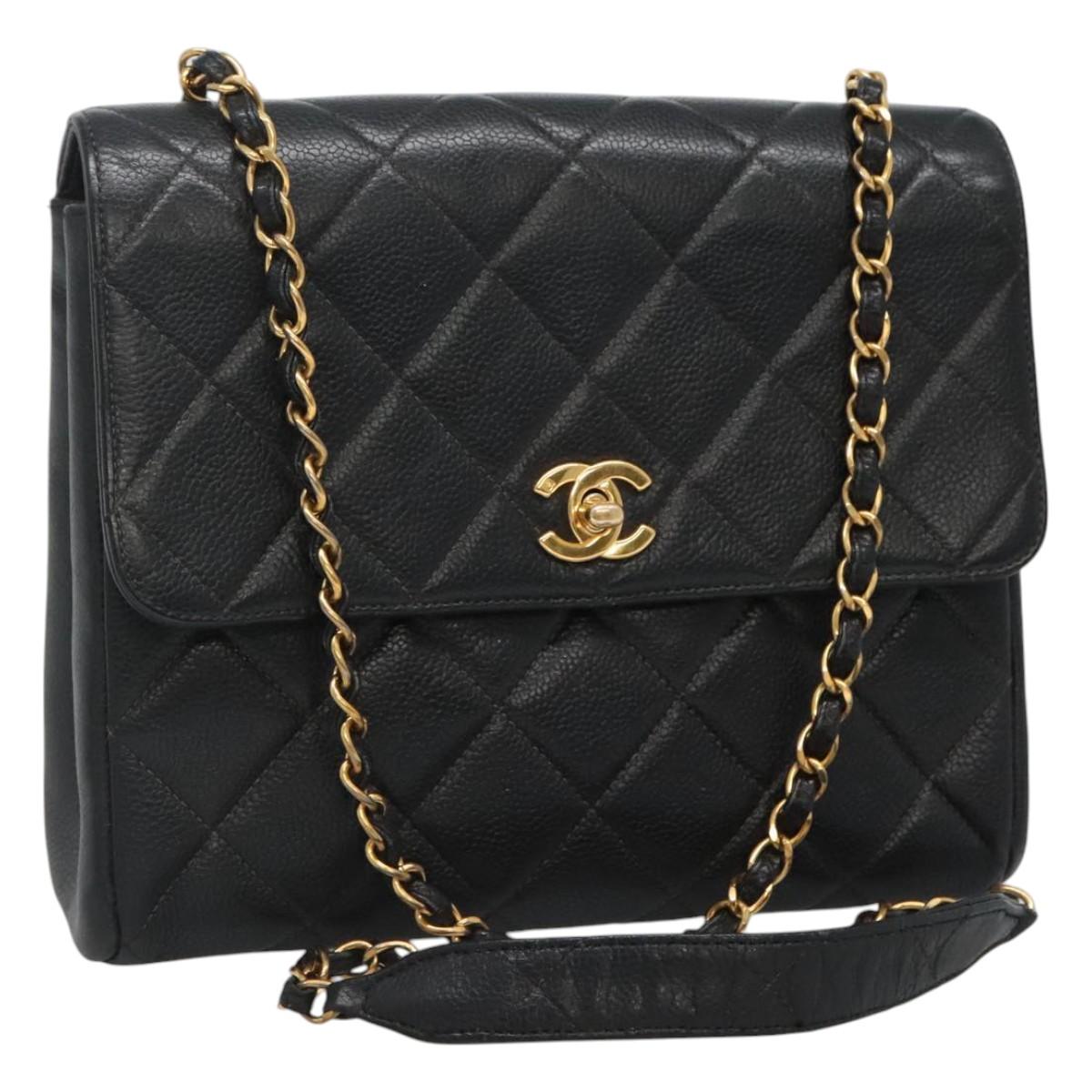 CHANEL Chain Matelasse Shoulder Bag Caviar Skin Black Gold CC Auth PP247A