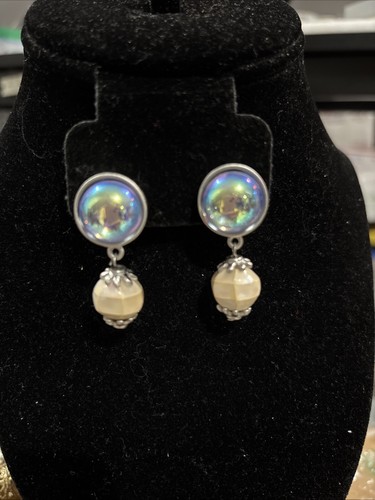 Vintage Signed 1970 80's Givenchy Large Faux Stone Glow Silver Drop Earrings