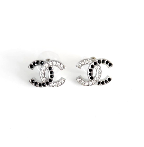 Chanel 22A Silver Black Crystal CC Stud Earrings