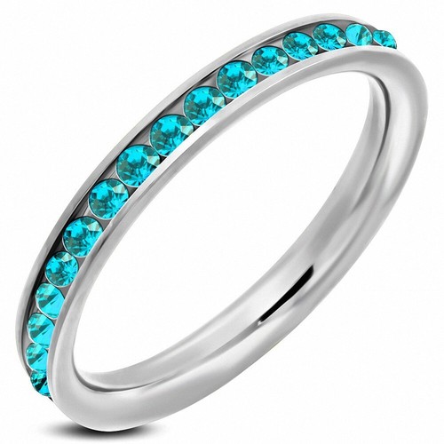 3Mm   Stainless Steel Channel Set Eternity Comfort Fit Ring With Aquamarine