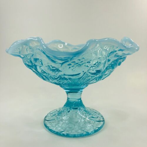 Fenton Blue Opalescent Water Lily Footed Bowl 1981 Gift Shop Exculsive #8423BO