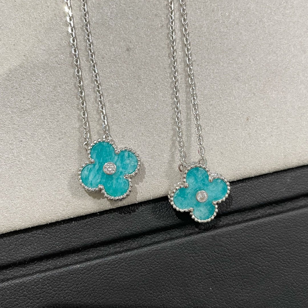 VAN CLEEF ARPELS CLOVER 1 DIAMOND AMAZONITE SILVER NECKLACE