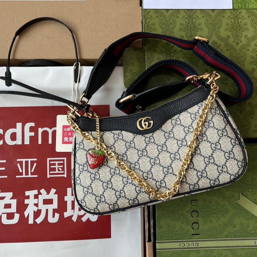 GUCCI BAG OPHIDIA SMALL SHOULDER BAG 25 IN BEIGE CANVAS AND BLACK LAMBSKIN GOLD HARDWARE