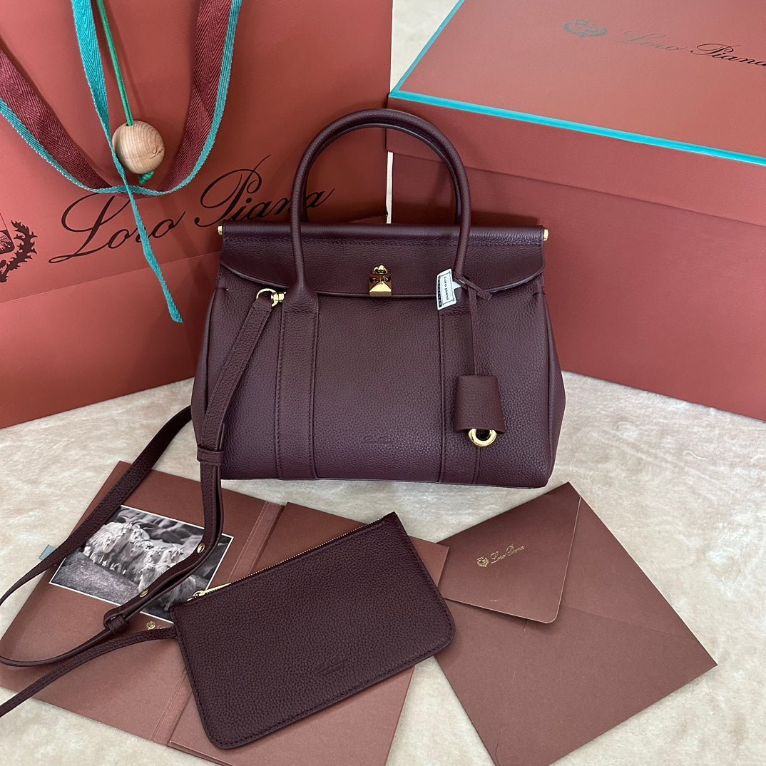 LORO PIANA BAG LOOM BAG 25 IN WINE PURPLE CALFSKIN WITH GOLD HARDWARE