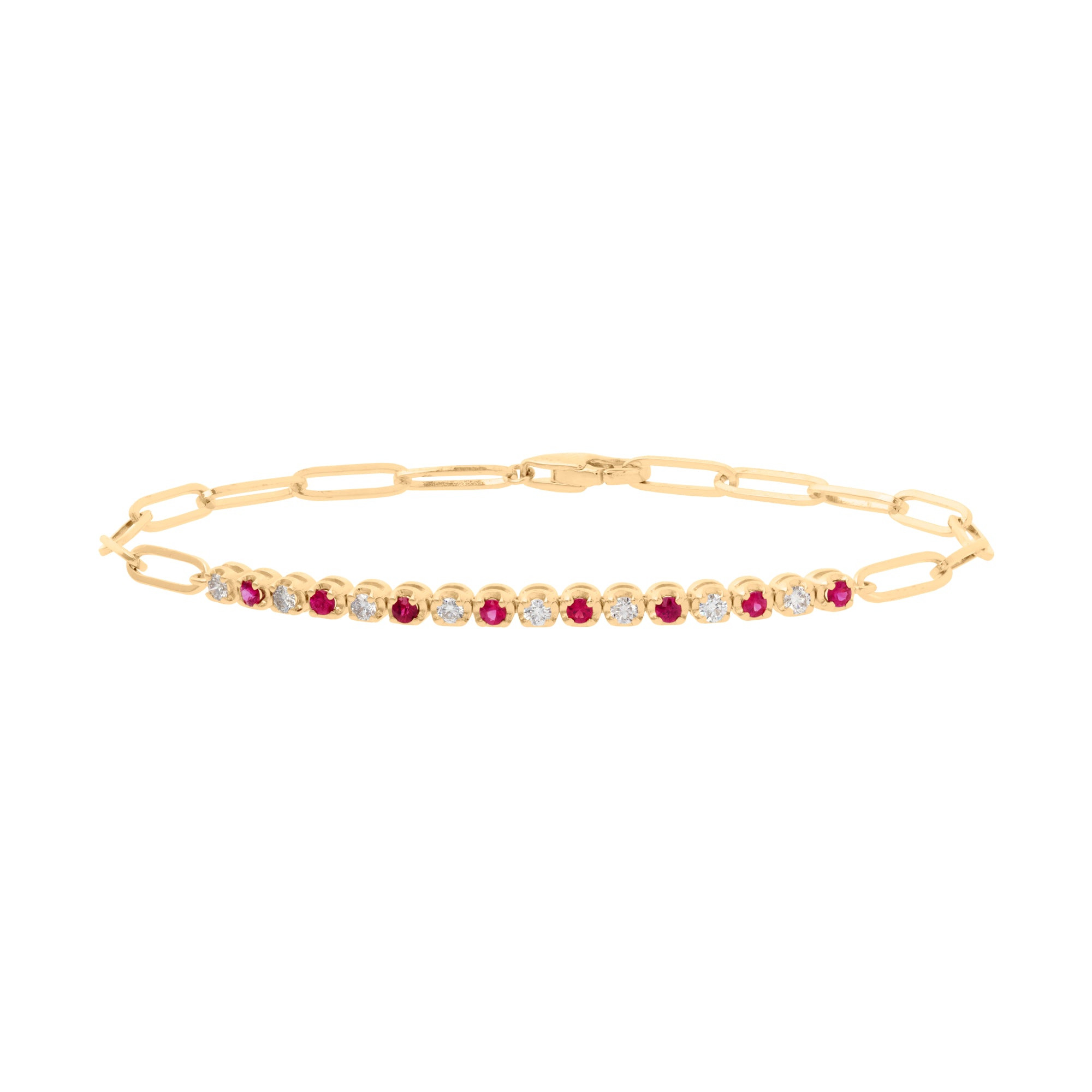TAPPER'S JEWELRY Alternating Ruby and Diamond Bezel Paperclip Bracelet in 14K Yellow Gold  0.56 cttw