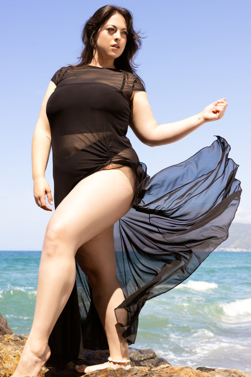 POPFLEX® Mermaid Mesh Coverup Dress   Black