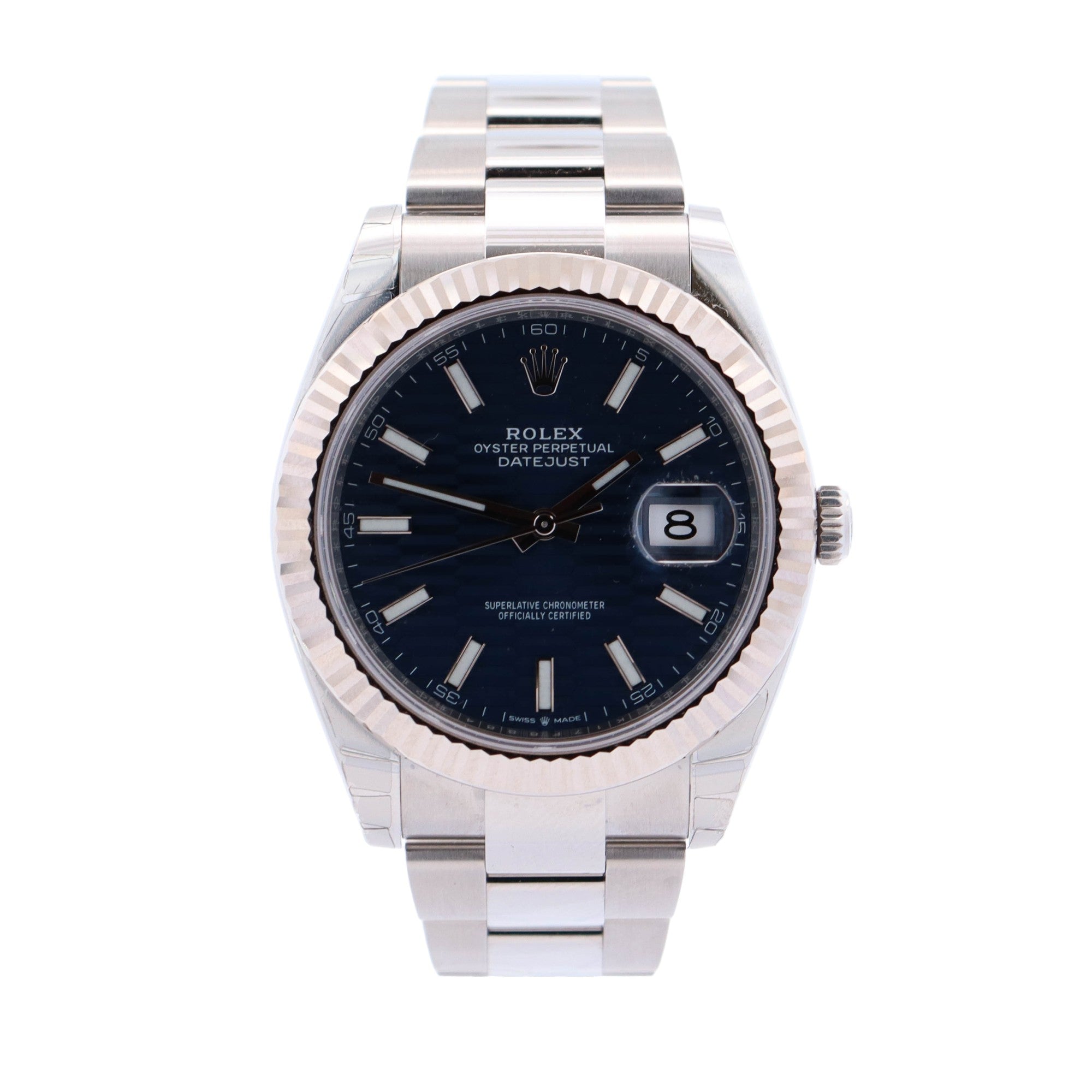 HAPPY JEWELERS Rolex Datejust Stainless Steel 41mm Blue Stick Motif Dial Watch Reference #: 126334