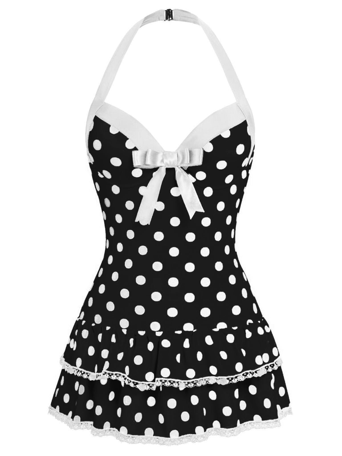 RETRO STAGE Black 1940s Halter Polka Dots Bow One Piece Swimsuit