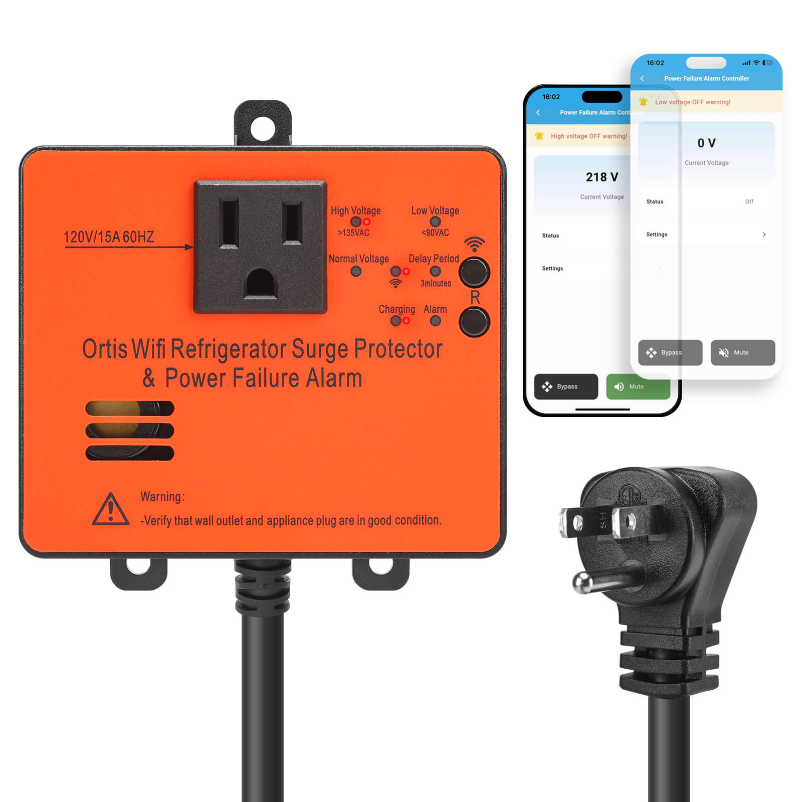 ORTIS Wi Fi Smart Power Failure Alarm with Surge Protector, Remotely Monitor and Control Your Refrigerator Via App, Ensuring The Safety of Refrigerator and Food Stored Inside