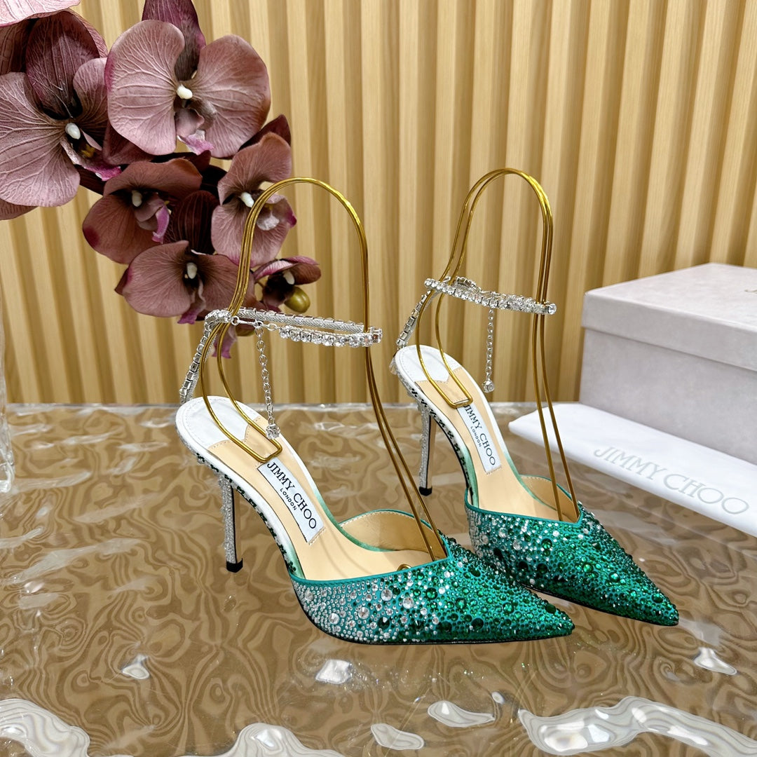 JIMMY CHOO SHOE Jimmy Saeda 100mm In Dark Green Satin Pumps With Crystal Embellishment 641080