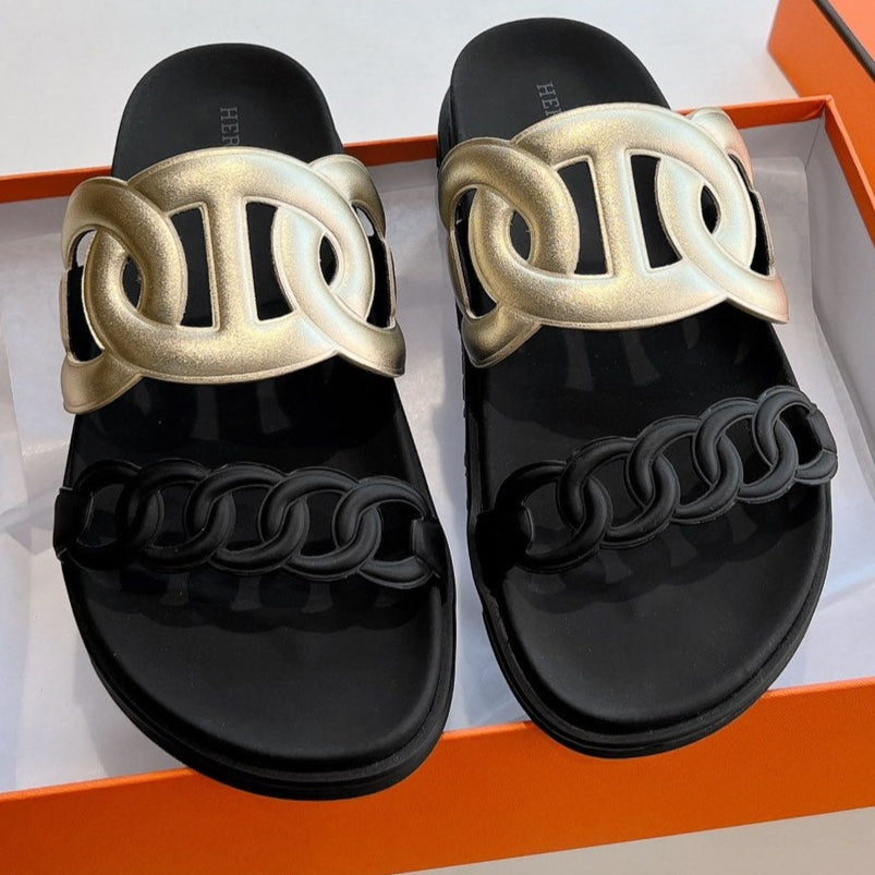 HERMES SHOE HM 25 Extra Sandal Gold Black Calfskin 292562