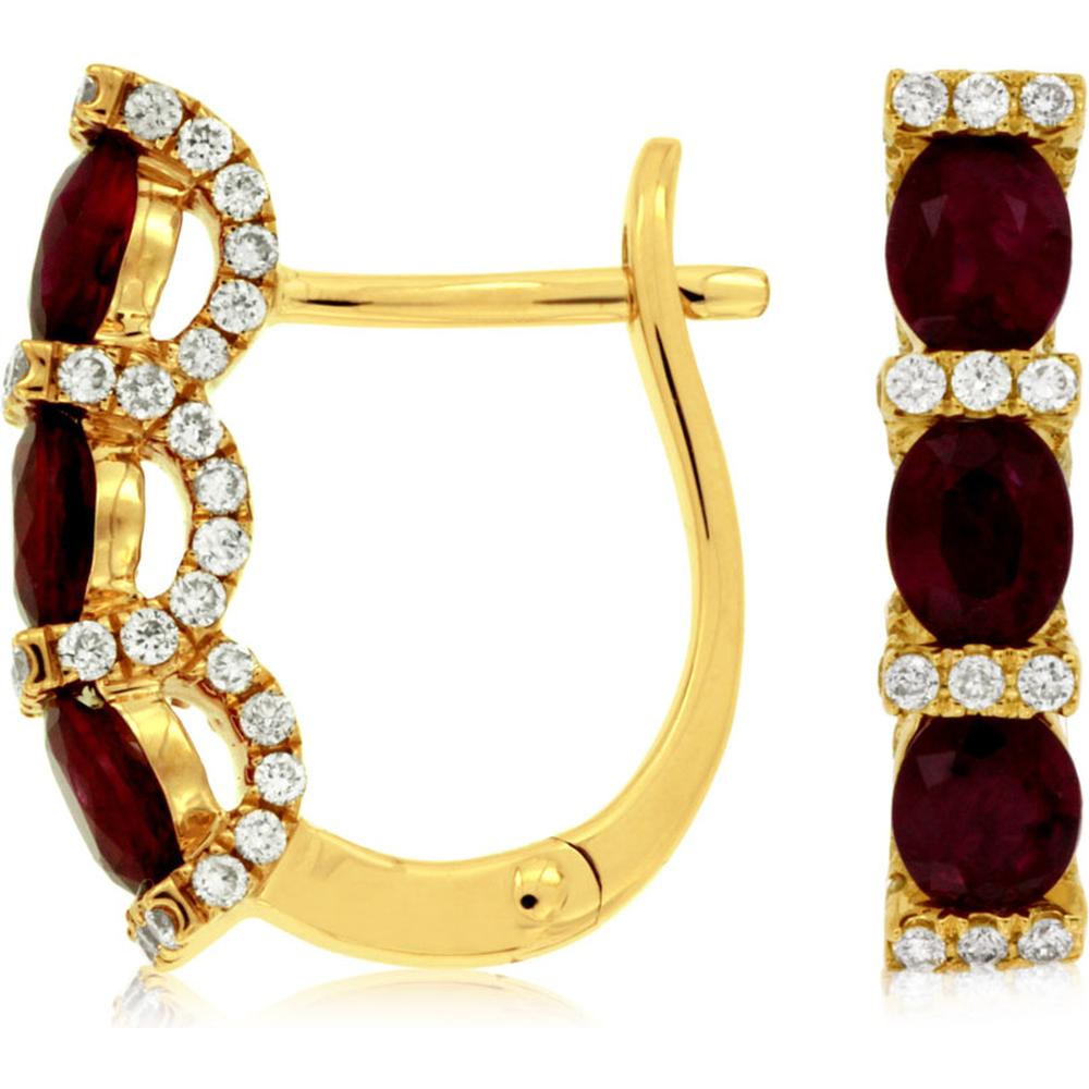 ROYAL JEWELRY Royal 14K Yellow Gold Ruby & Diamond Huggie Earrings   1.35 Carats Total Ruby Weight and 0.80 Carats Total Diamond Weight