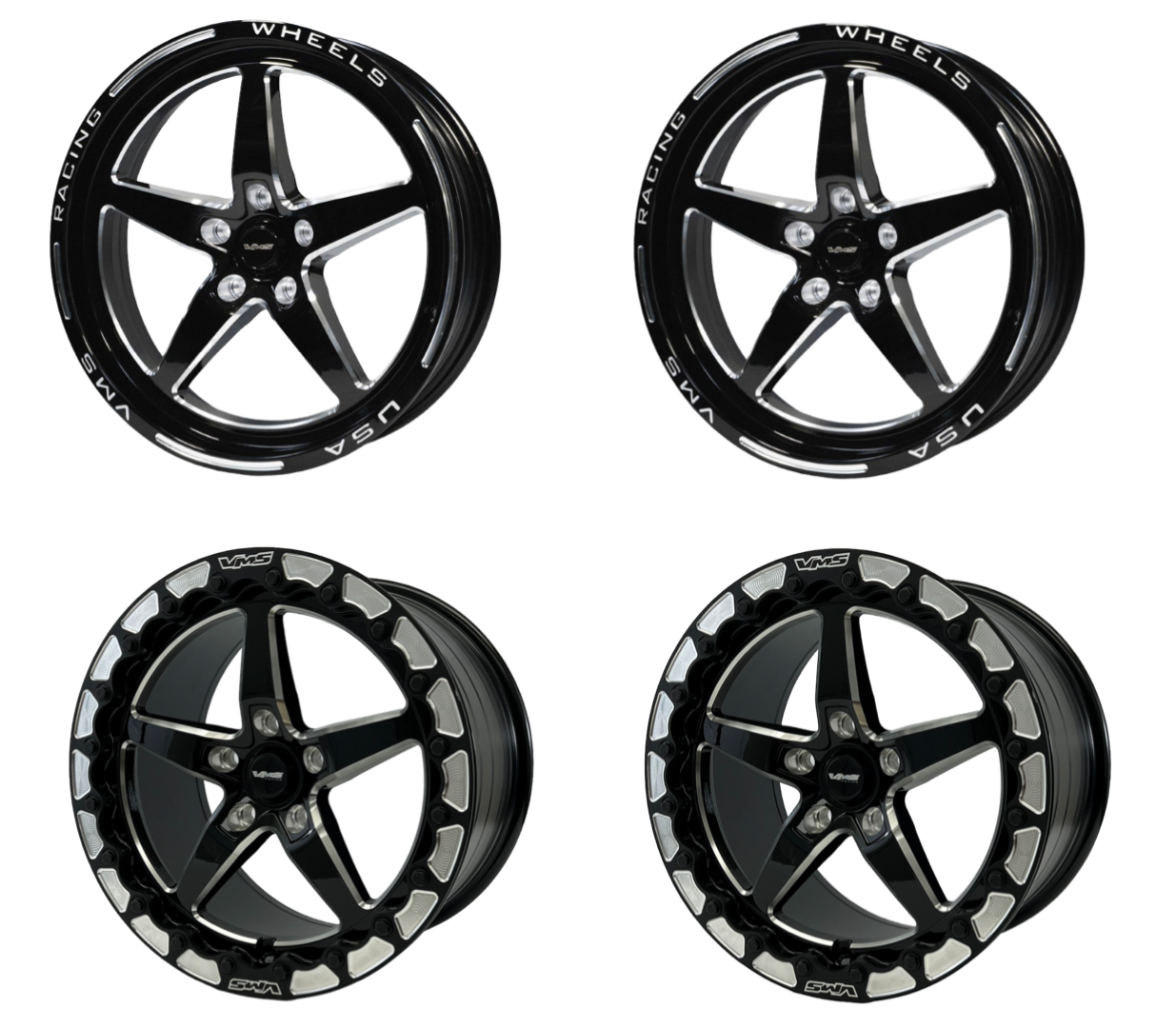 VMS RACING DRAG PACK BEADLOCK DRAG RACE V STAR WHEELS 17x10 +54 OFFSET (7.6" BACKSPACING) & 18X5 5X114.3  12 OFFSET FOR 05 14 S197 (NO BREMBO) 15 23 S550 FORD MUSTANG INCLUDING GT WITH PP BREMBO BRAKES 2024 S650 NON PP & DARKHORSE  / PART # VWST014 & VWST080