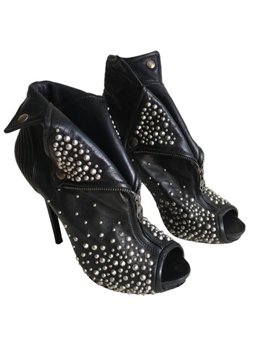 Alexander McQueen Black Leather Studded Faithful Skull Peep Toe Ankle Boots EU41