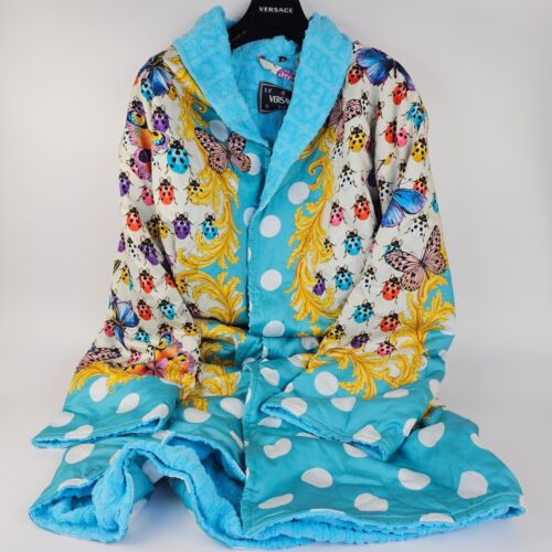 VERSACE Butterflies Baroque Azur Blue/Multicolor Unisex Long Bathrobe New