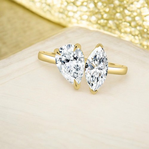 GIA Certified 1.25 Cts F VS Pear Marquise Diamonds Toi Et Moi Ring 18K Gold
