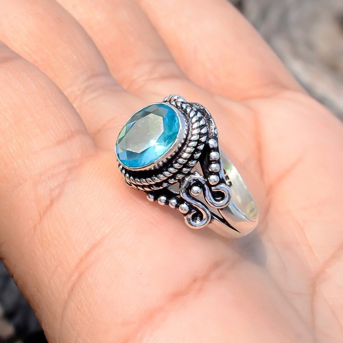 Swiss Blue Topaz Oval Gemstone 925 Sterling Silver Attractive Gift Jewelry Ring