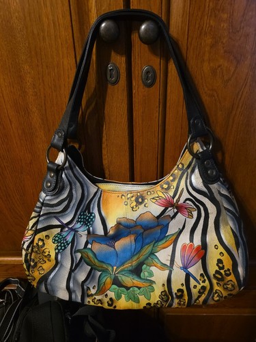 ANUSCHKA Hand painted Leather Dragonfly Jungle Hobo Shoulder Bag + Wallet