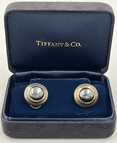 Vintage Tiffany & Co. 18K G & .925 Silver Hematite Round Post Earrings w/ Box