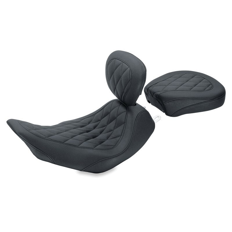 055c0eb3f7d7f04e98d27bc343d2eee1 MUSTANG MOTORCYCLE Mustang 06 17 Harley Dyna Wide Tripper Solo Seat w/Driver Backrest Diamond Stitch   Black