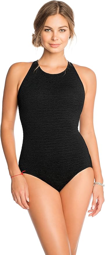PENBROOKE KRINKLE CHLORINE RESISTANT HIGH NECK MAILLOT ONE PIECE SWIMSUIT   BLACK