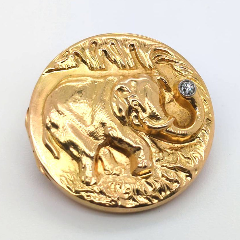 JACK PRITCHARD Antique Art Nouveau 14kt and Diamond Elephant Brooch Locket