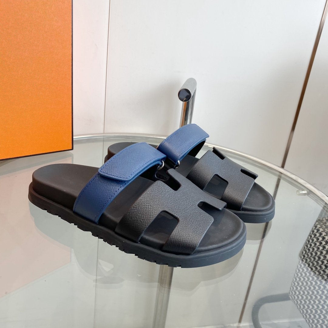 HERMES SHOE Chypre Sandal Black with blue straps Leather