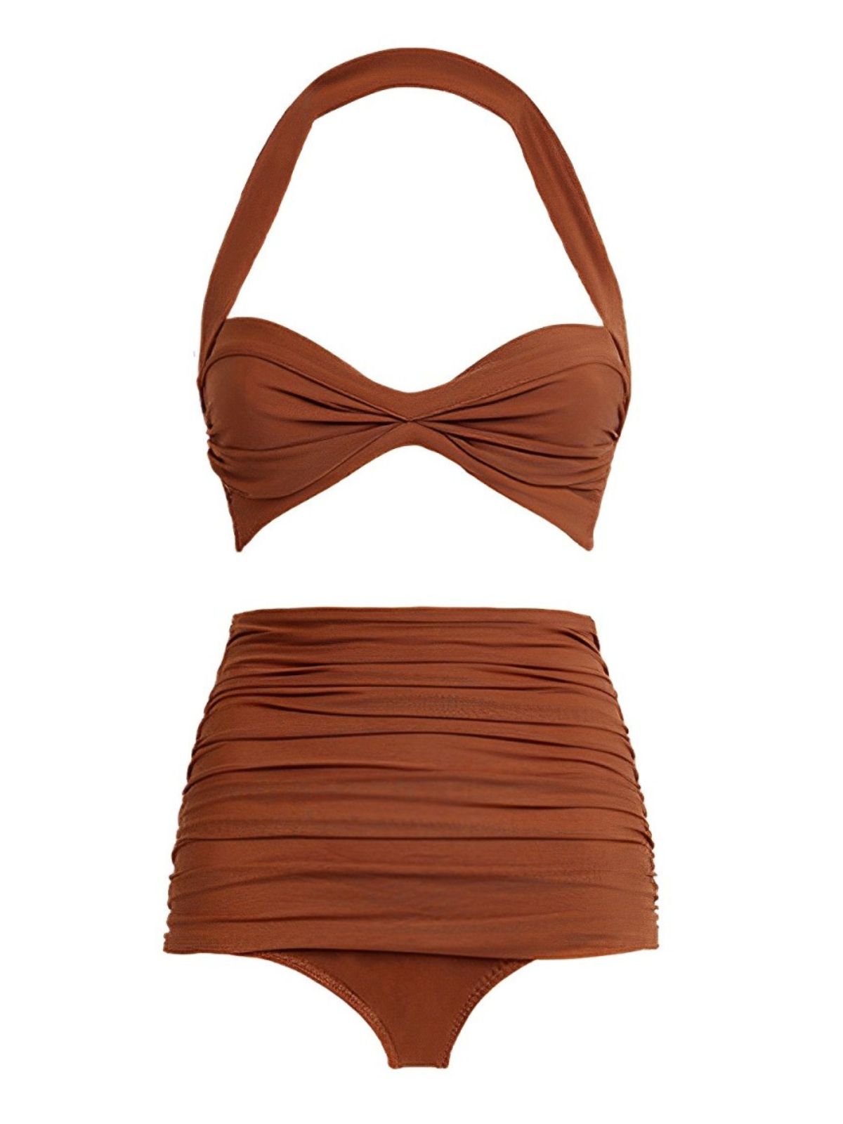 RETRO STAGE Brown 1950s Solid Mesh Halter Swimsuit