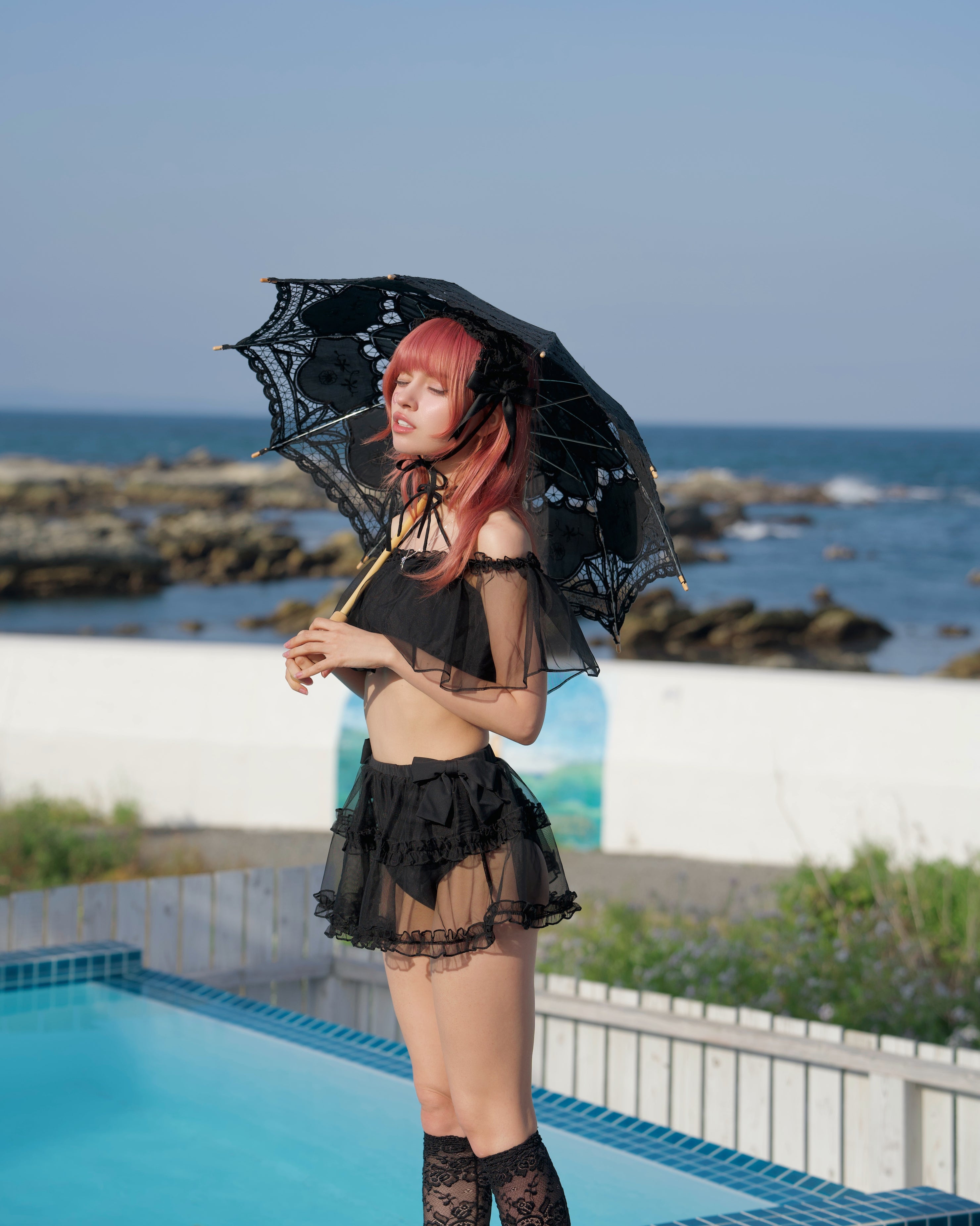 VINA OF THE VALLEY Rosette Veil Two Piece Swimsuit Black TOP PREORDER
