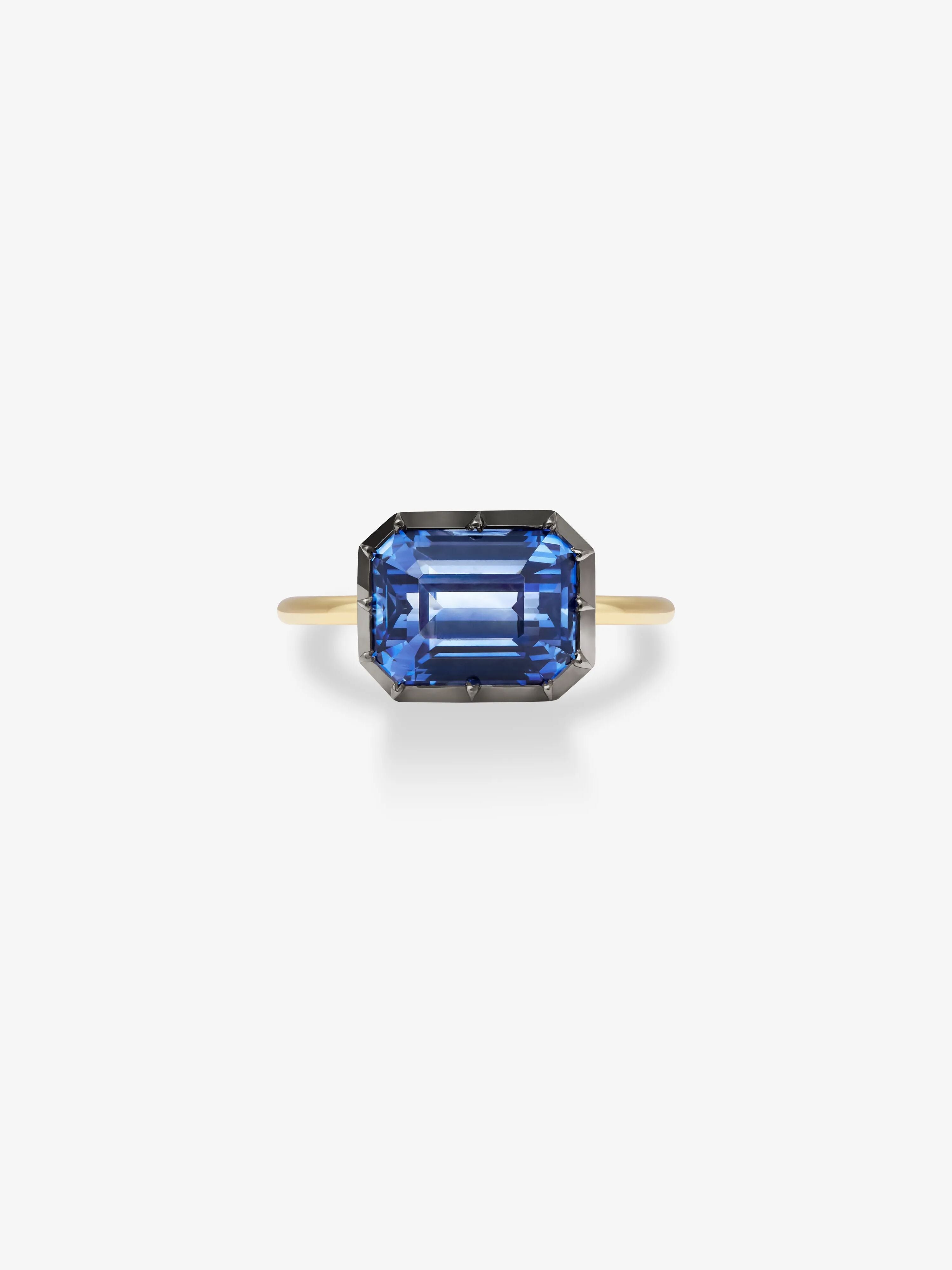 JESSICA MCCORMACK 4.86ct East West Emerald Cut Sapphire Button Back Ring