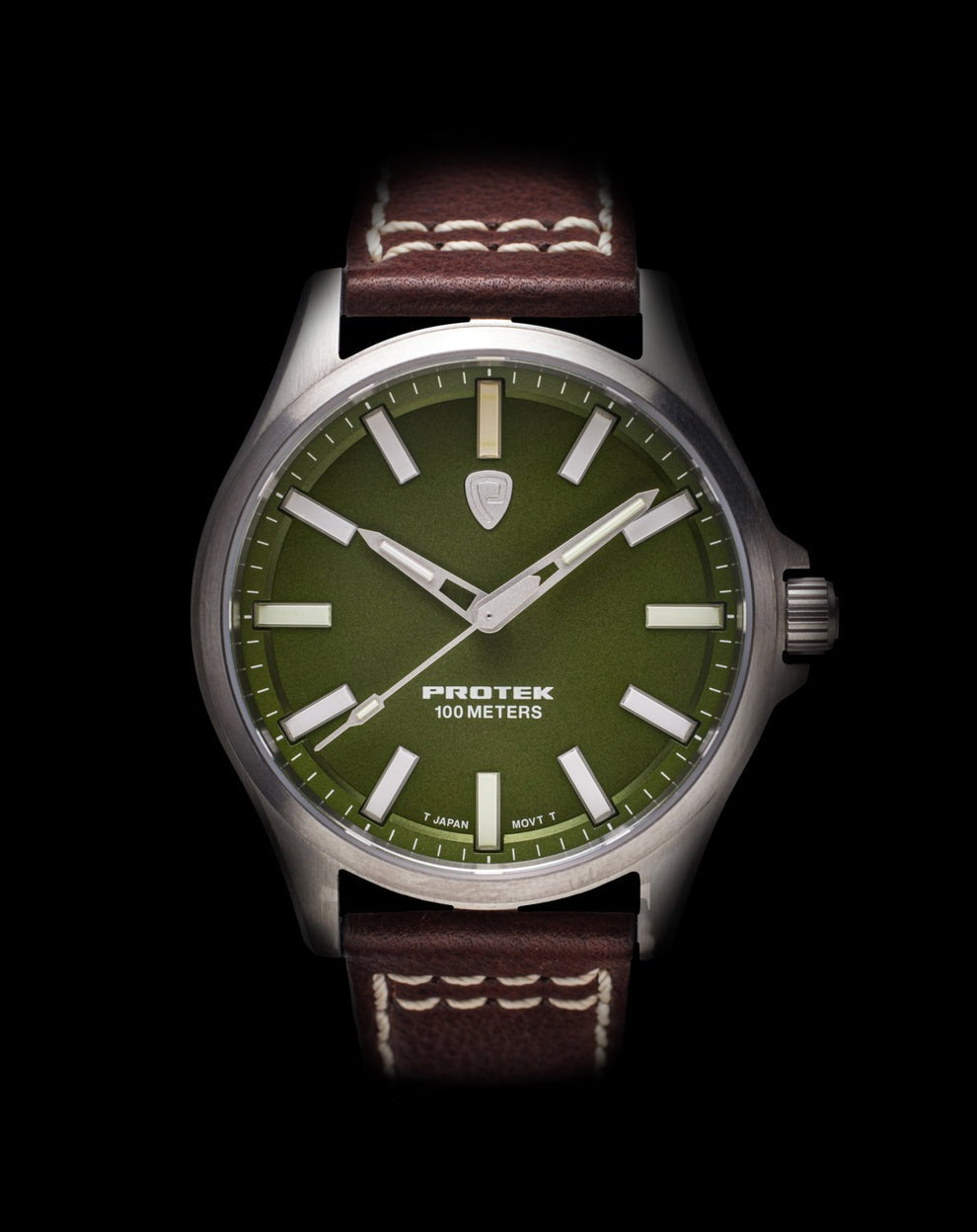 PROTEK WATCHES ProTek Field Series 3000 Tactical Watch   Green Dial, Dark Brown Leather Band