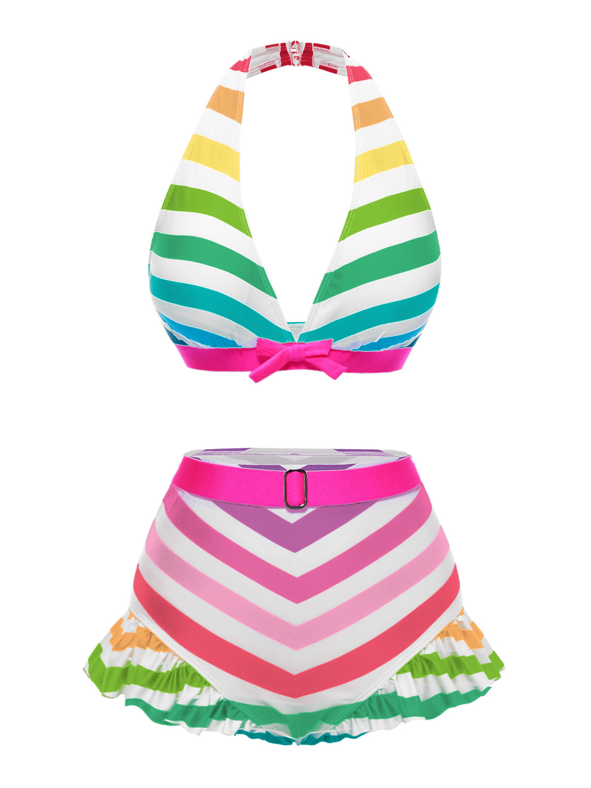 RETRO STAGE Rainbow 1950s Contrast Bow Ruffle Stripes Bikini