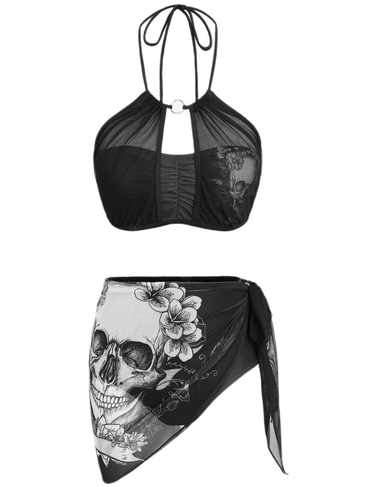 RETRO STAGE [Pre Sale] 2PCS Black 1980s Gothic Skull Mesh Halter Bikini Set & Cover Up