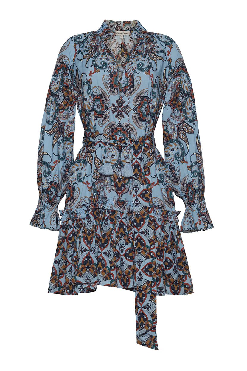 CARA CARA Poppy Long Sleeve Short Dress Blue Vintage Paisley